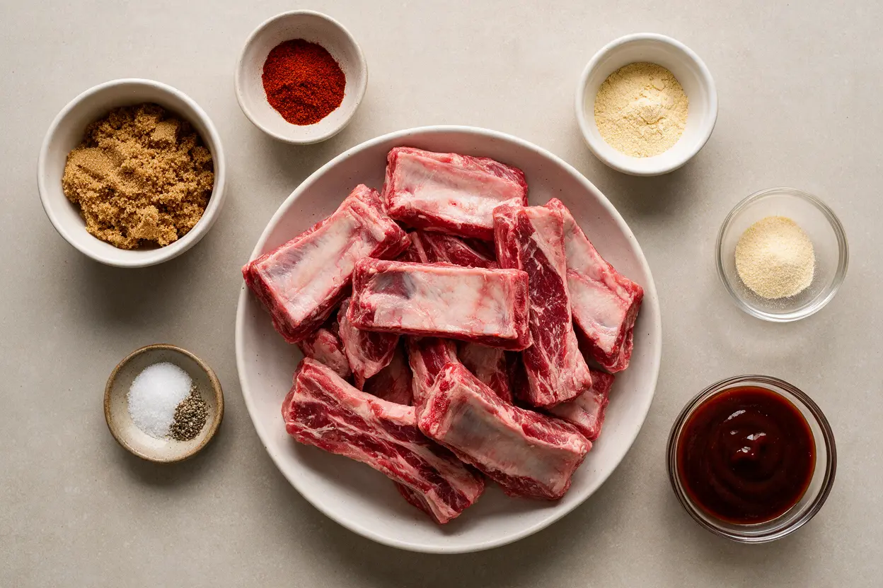 Beef ribs ingredients: raw beef ribs, brown sugar, paprika, garlic powder, and barbecue sauce
