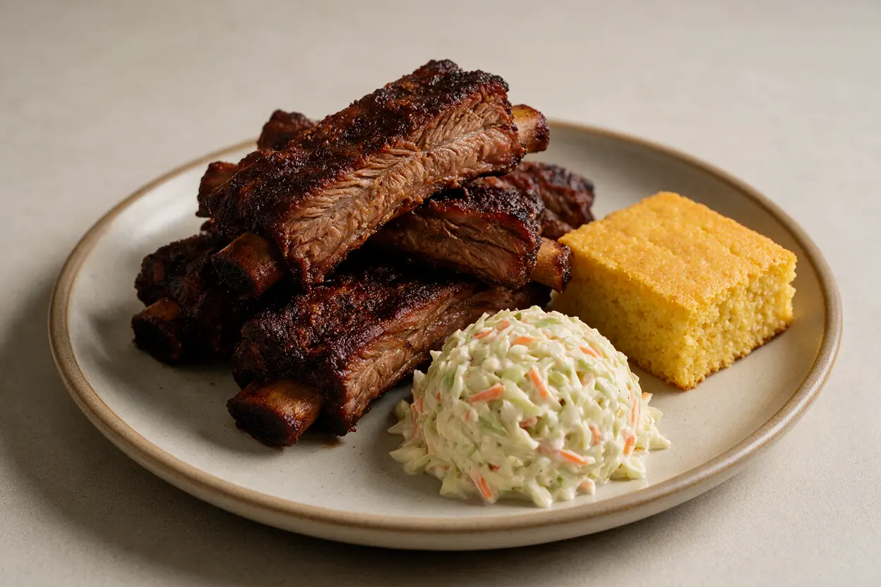 A served plate of oven-baked beef ribs with barbecue sides