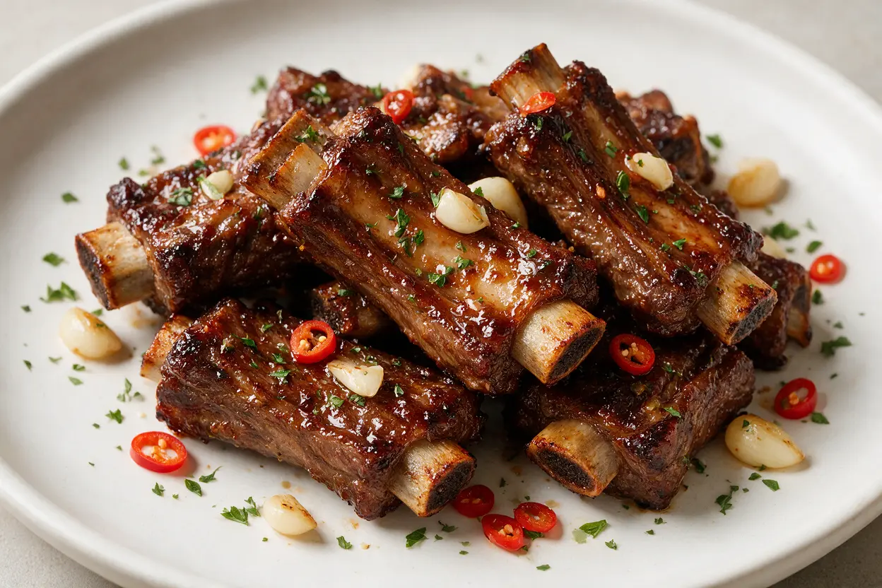 Glazed oven-baked beef ribs on a platter, top-down