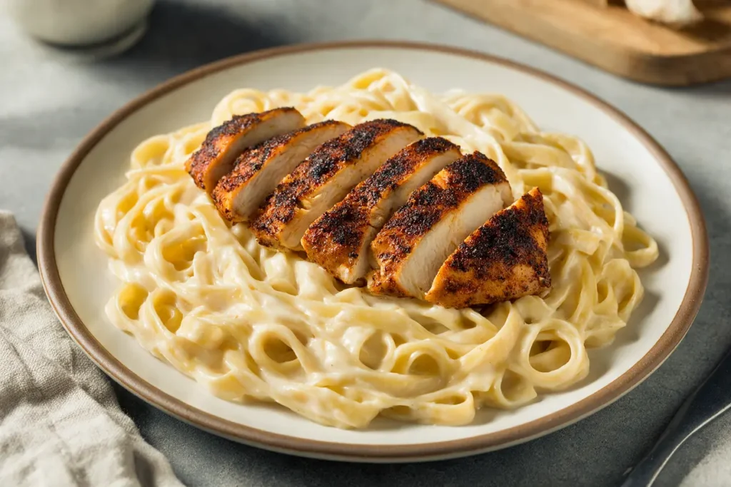 Plate of blackened chicken alfredo with sliced Cajun chicken over creamy fettuccine