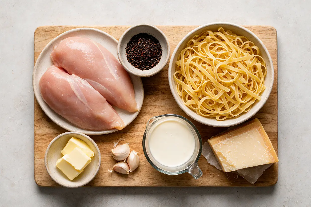 Blackened chicken alfredo ingredients: chicken breasts, blackening seasoning, fettuccine, butter, garlic, cream, and parmesan