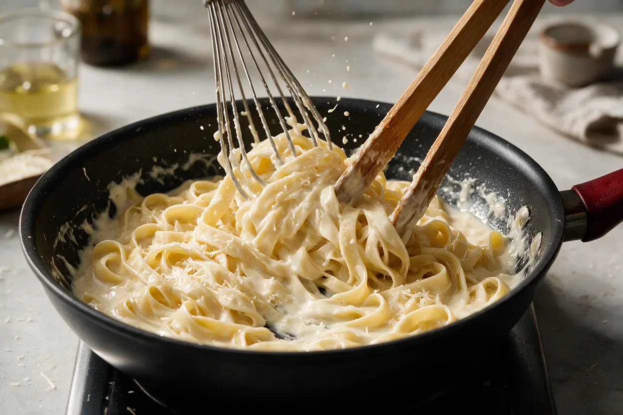 Creamy parmesan alfredo sauce being tossed with fettuccine in a pan