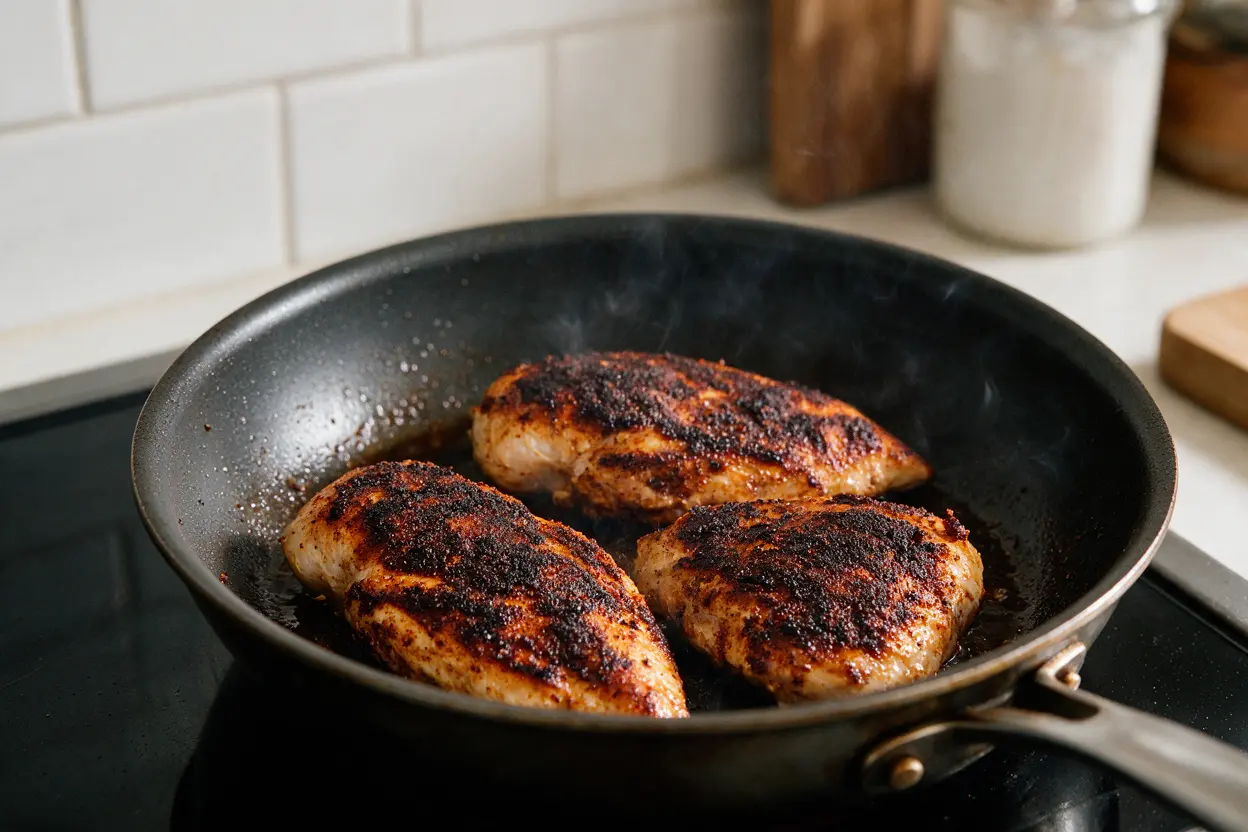 Chicken breasts with a dark Cajun crust searing in a hot skillet