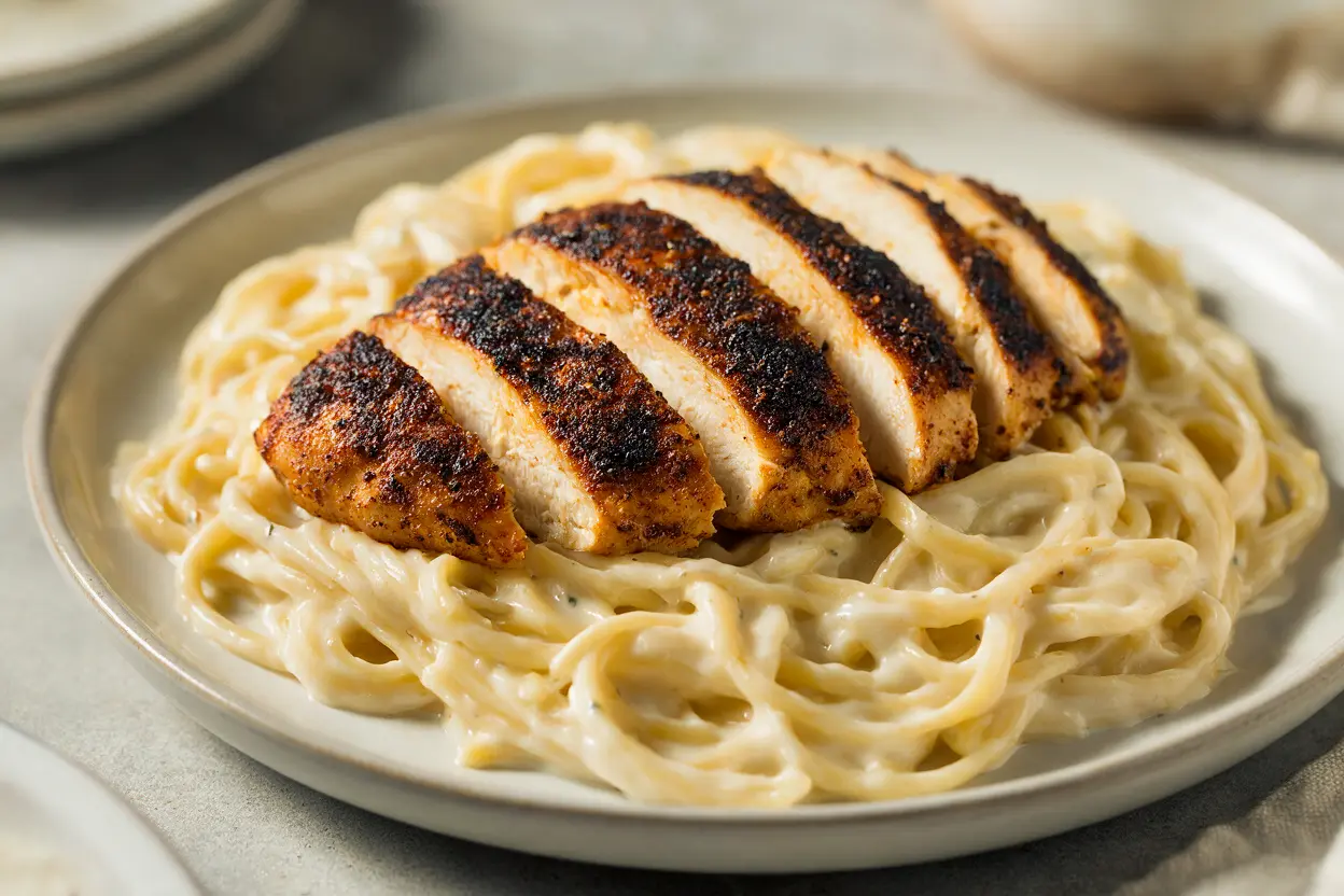 A finished plate of blackened chicken alfredo with sliced chicken over creamy pasta