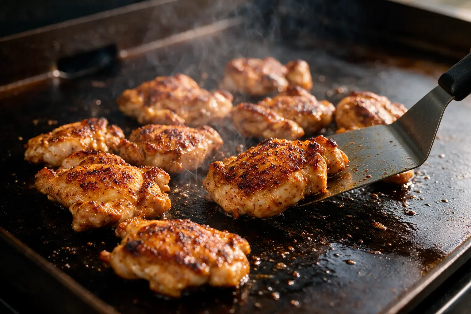 Chicken searing and caramelizing on a Blackstone griddle