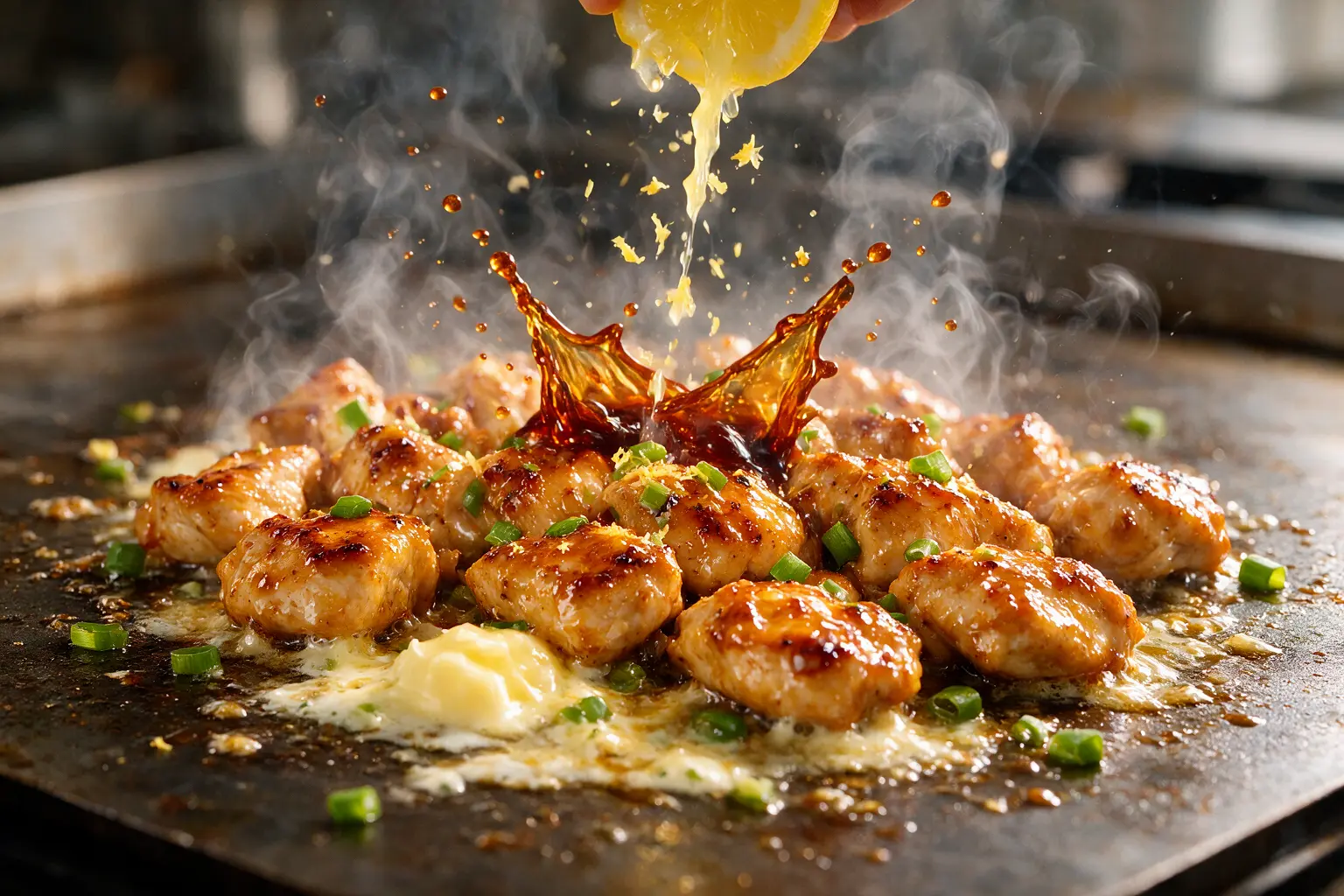 Blackstone chicken tossed in a buttery soy glaze on the griddle