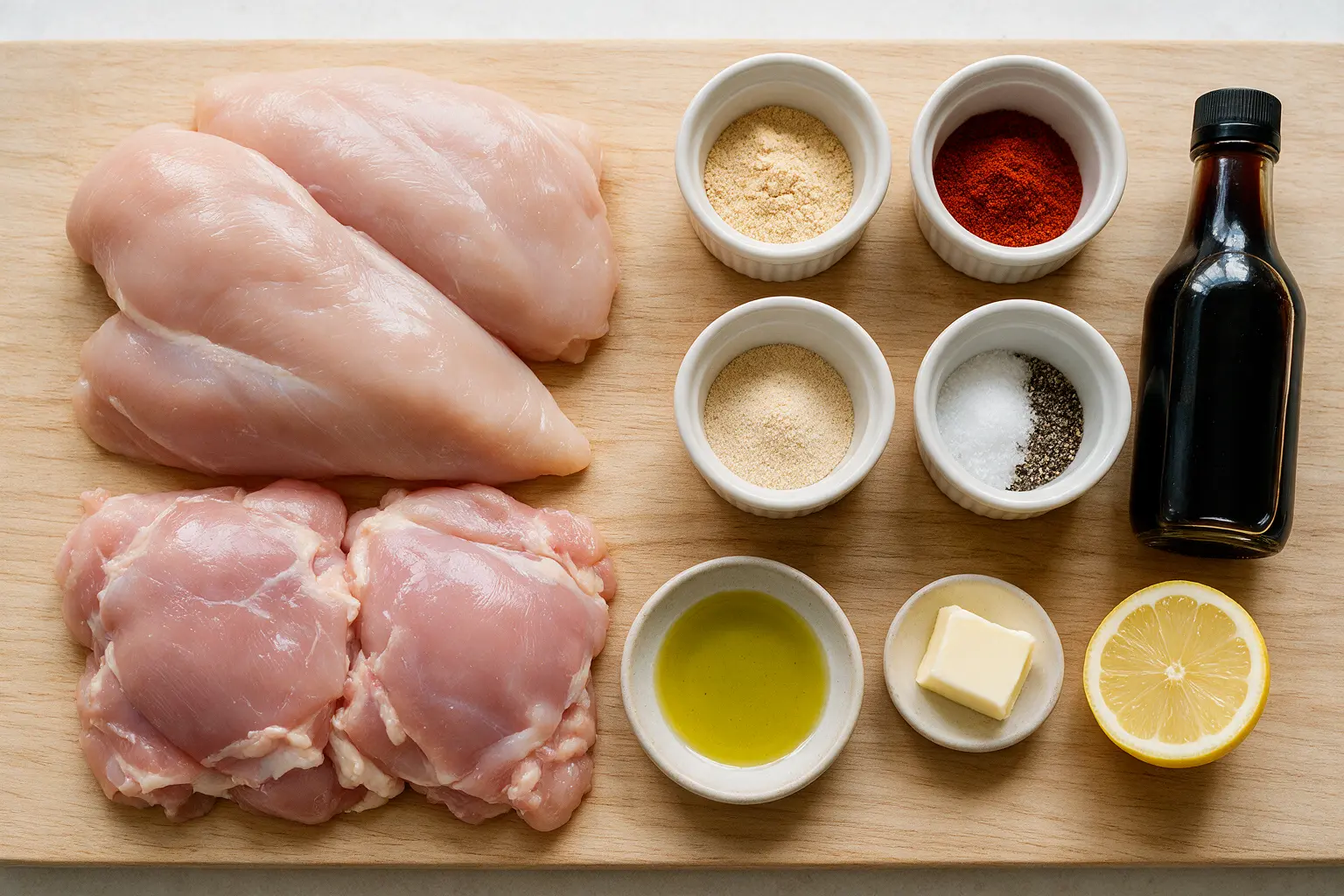 Blackstone chicken ingredients: chicken, olive oil, paprika, garlic, and soy sauce