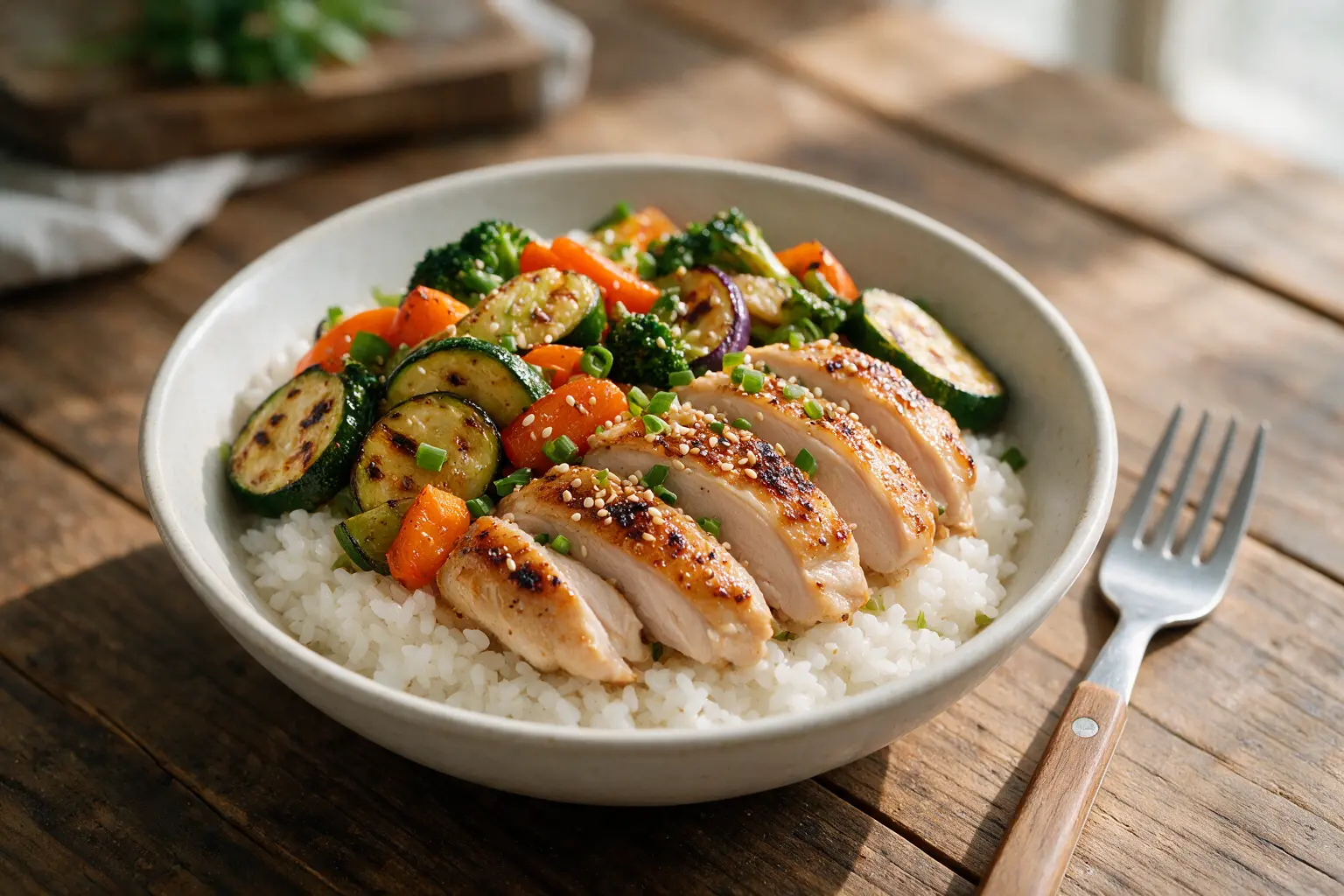 Sliced blackstone chicken served over a rice bowl with vegetables