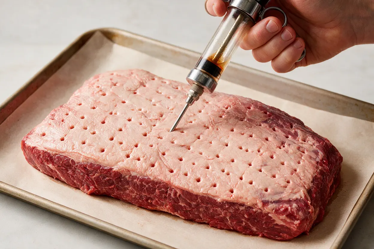 Injecting a brisket in a grid pattern with a meat injector