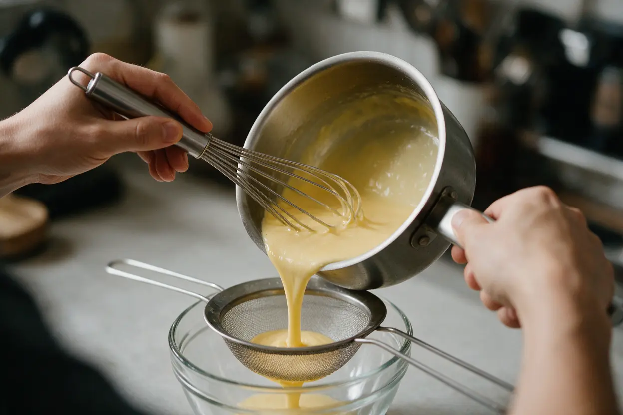 Whisking and straining the beef brisket injection liquid