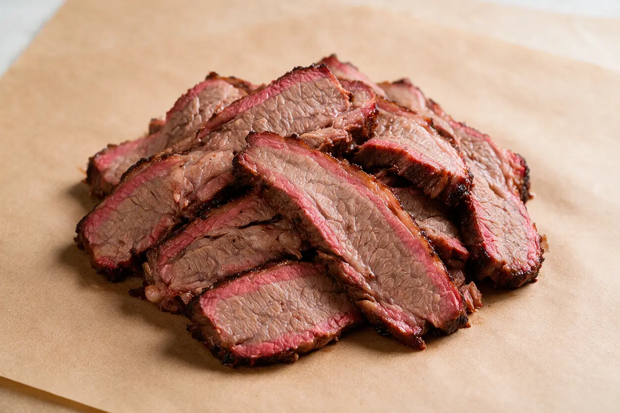 Sliced juicy smoked brisket with a pink smoke ring