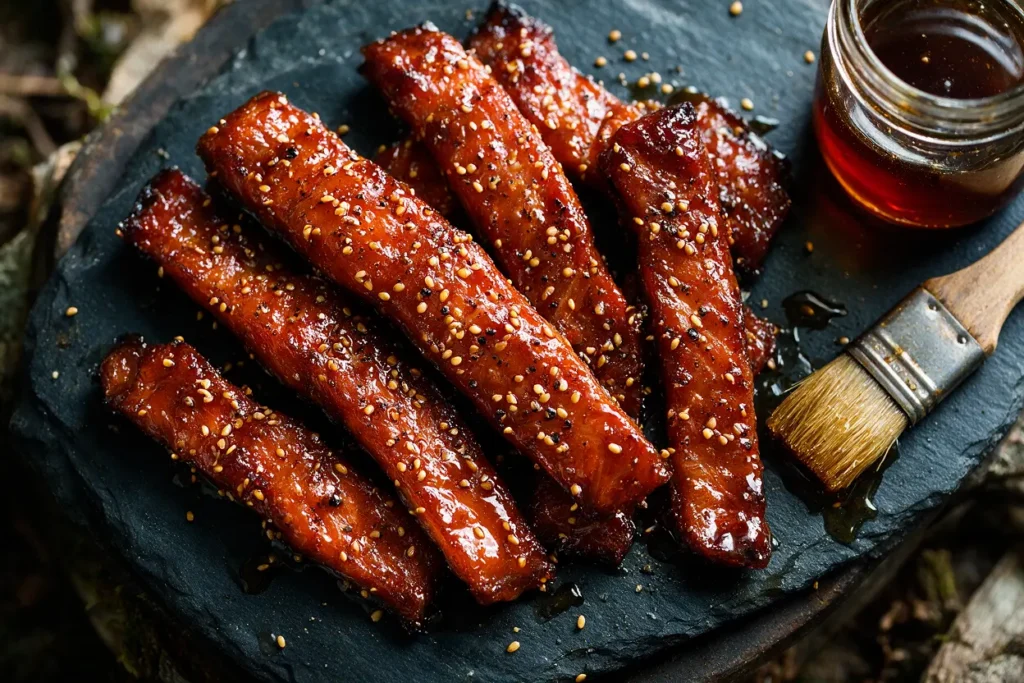 Sweet sticky candied salmon strips with a maple glaze