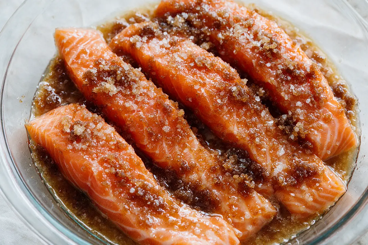 Salmon strips coated in a brown sugar brine