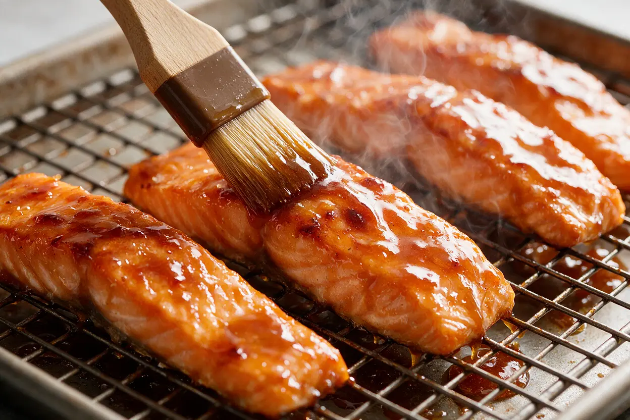 Basting maple glaze over candied salmon on a rack