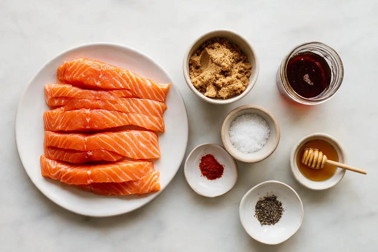 Candied salmon ingredients: salmon, brown sugar, maple syrup, and honey