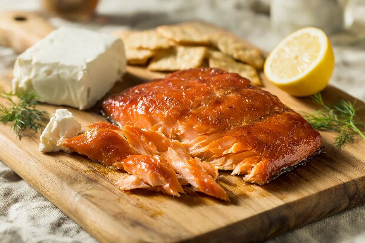 Candied salmon served on a board with cream cheese and crackers