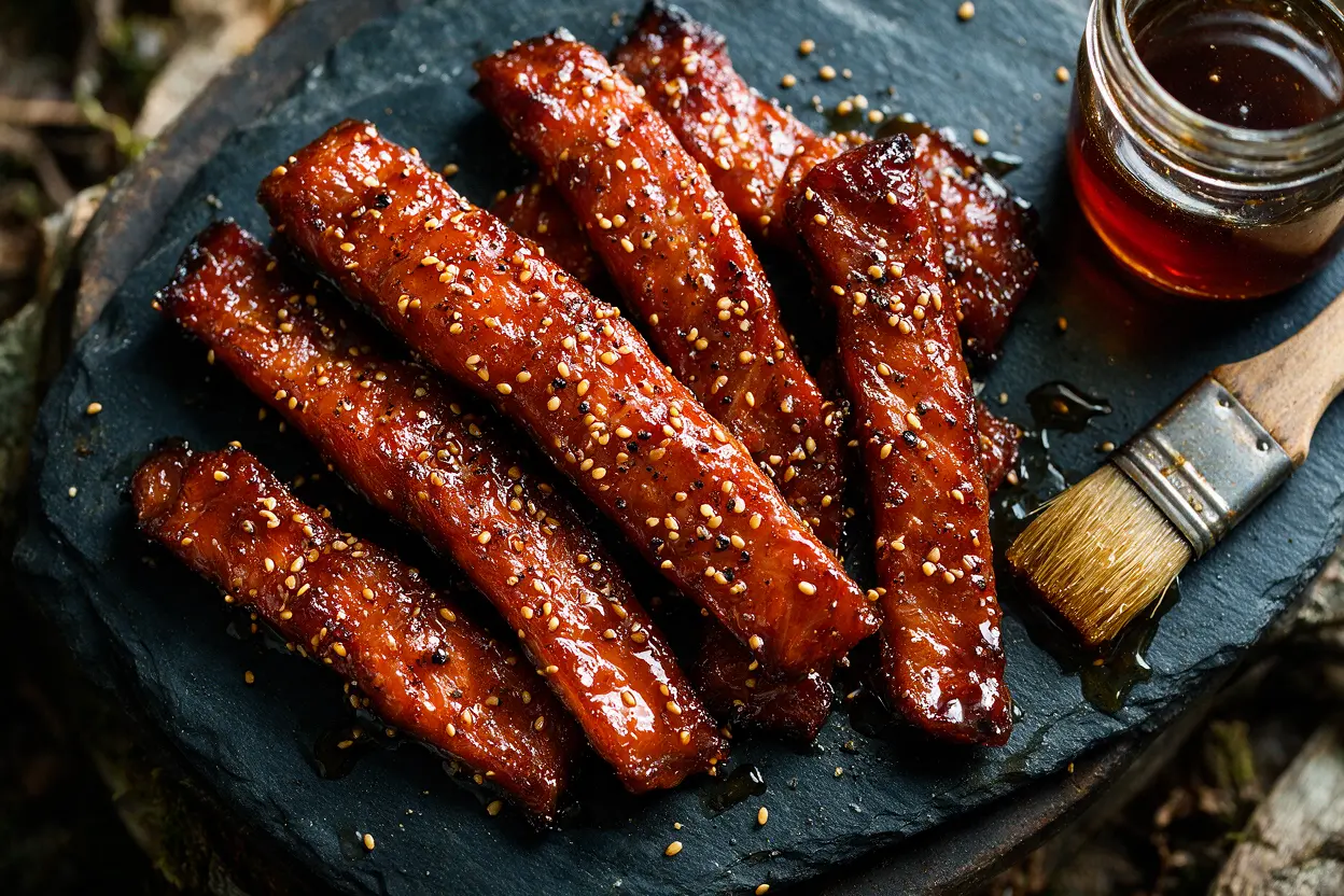 Sweet sticky candied salmon strips with a maple glaze