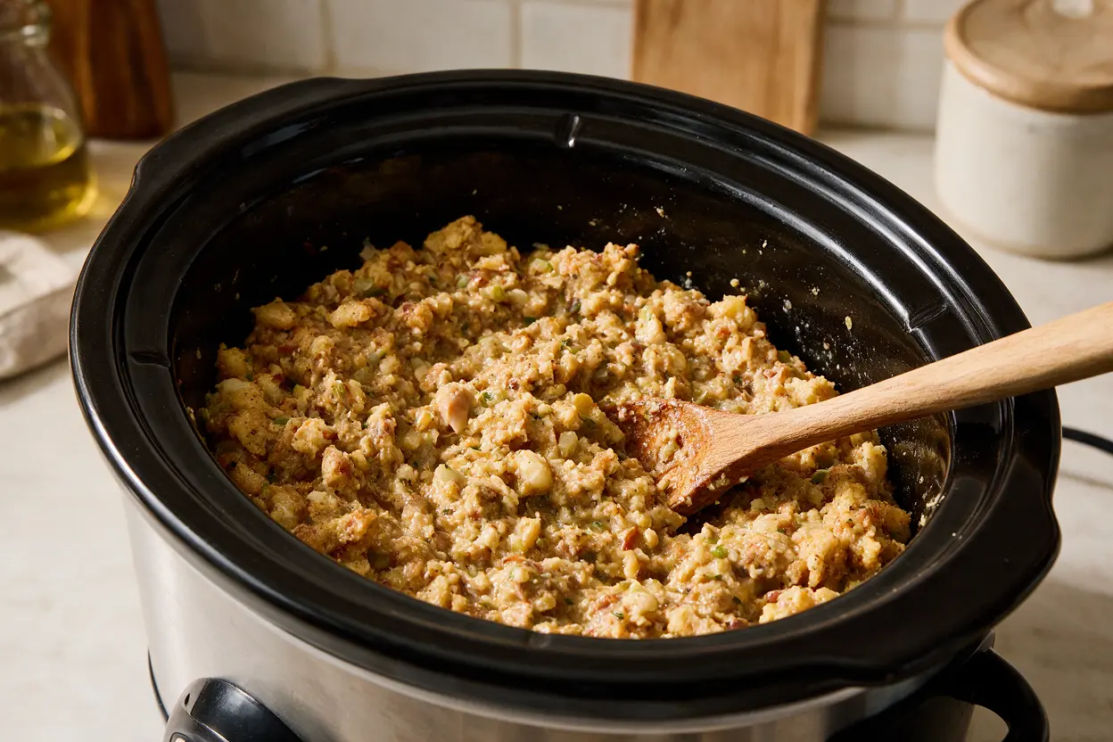 Chicken and dressing assembled in a slow cooker before cooking