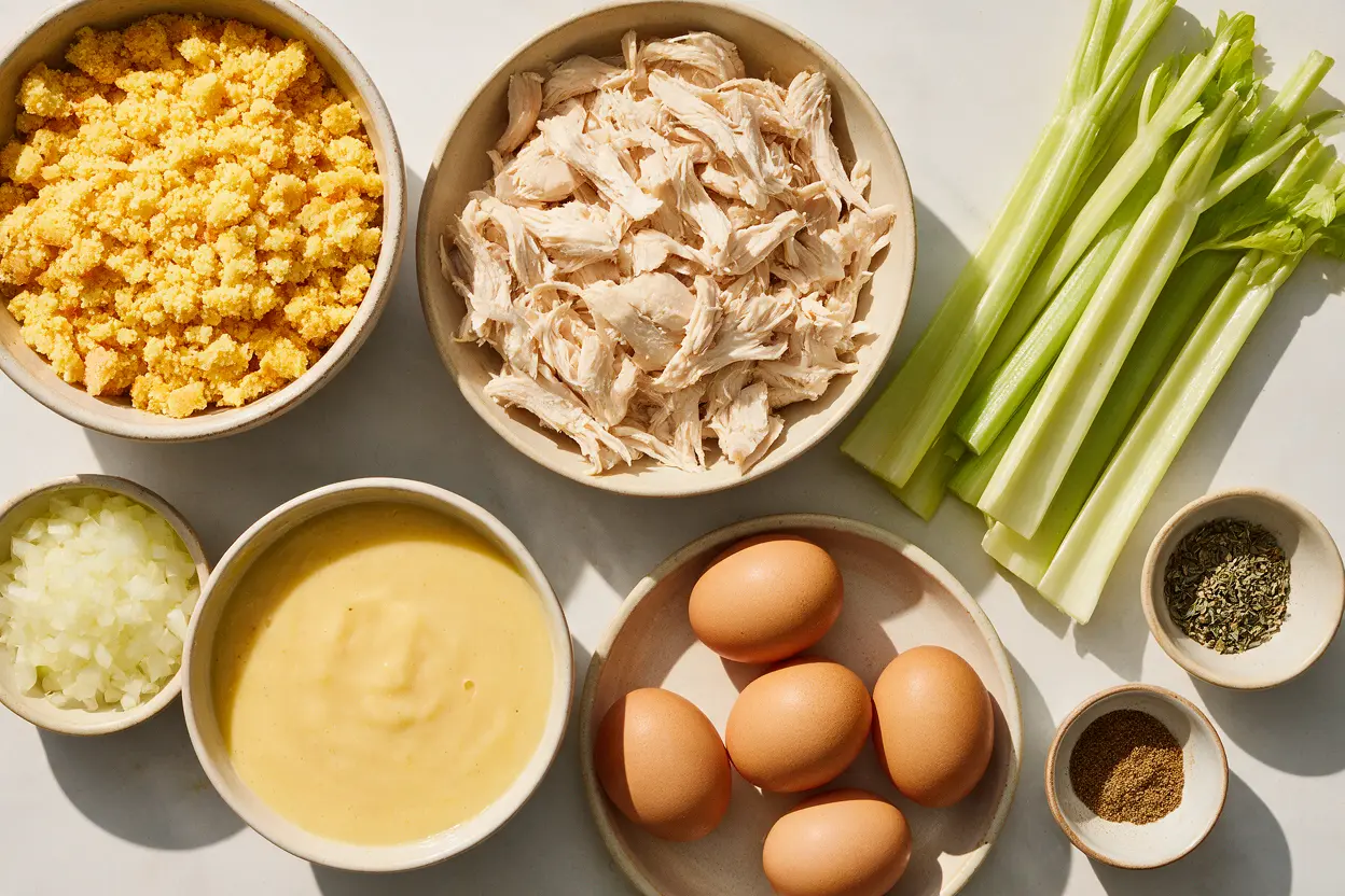 Chicken and dressing ingredients: crumbled cornbread, shredded chicken, celery, onion, cream of chicken soup, and herbs