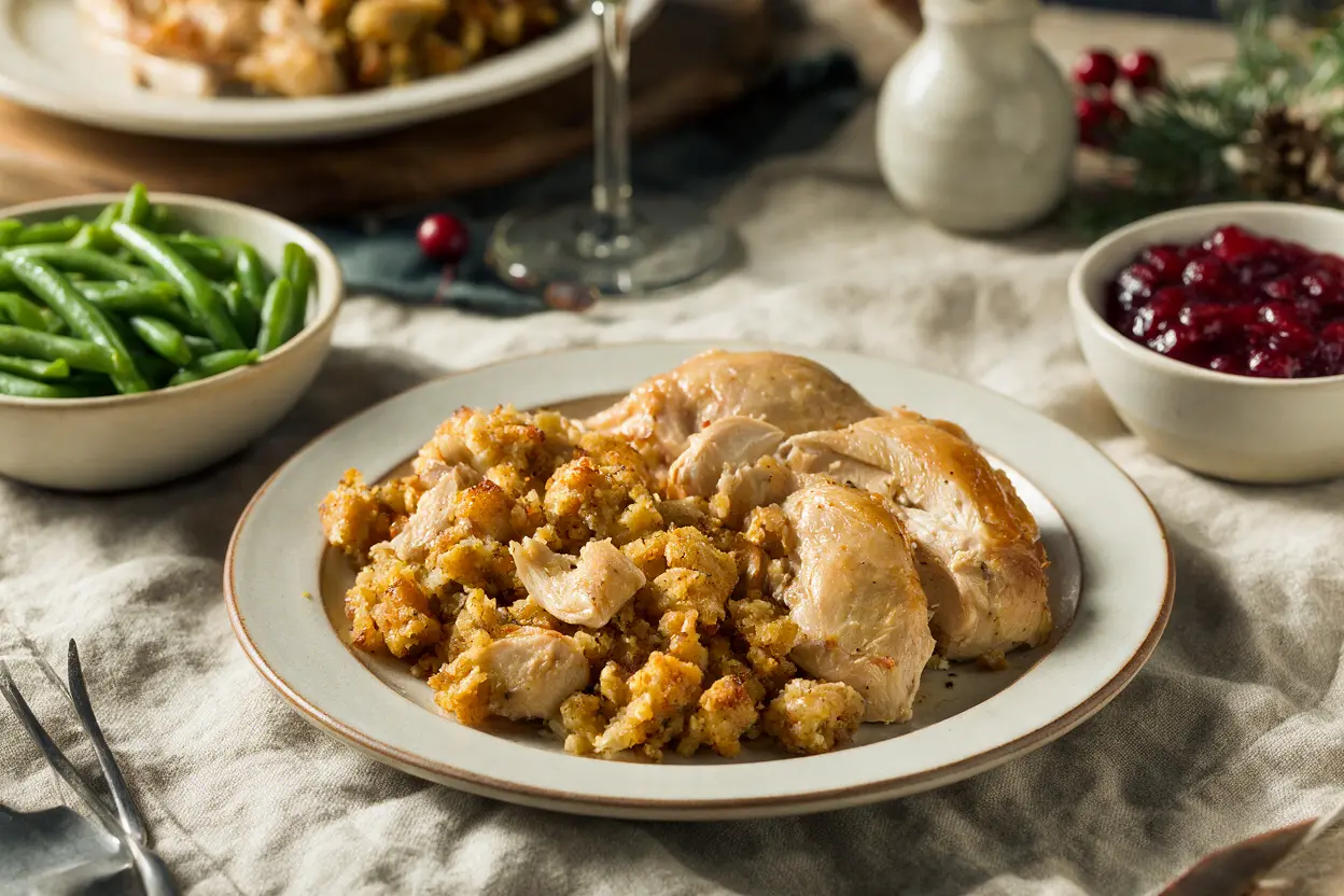 A plated serving of crock pot chicken and dressing with green beans and cranberry sauce