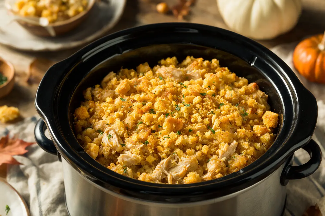 Crock pot chicken and dressing recipe: Southern cornbread dressing with shredded chicken and herbs