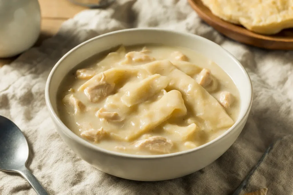 Bowl of old-fashioned Southern chicken and pastry with flat pastry strips in creamy broth