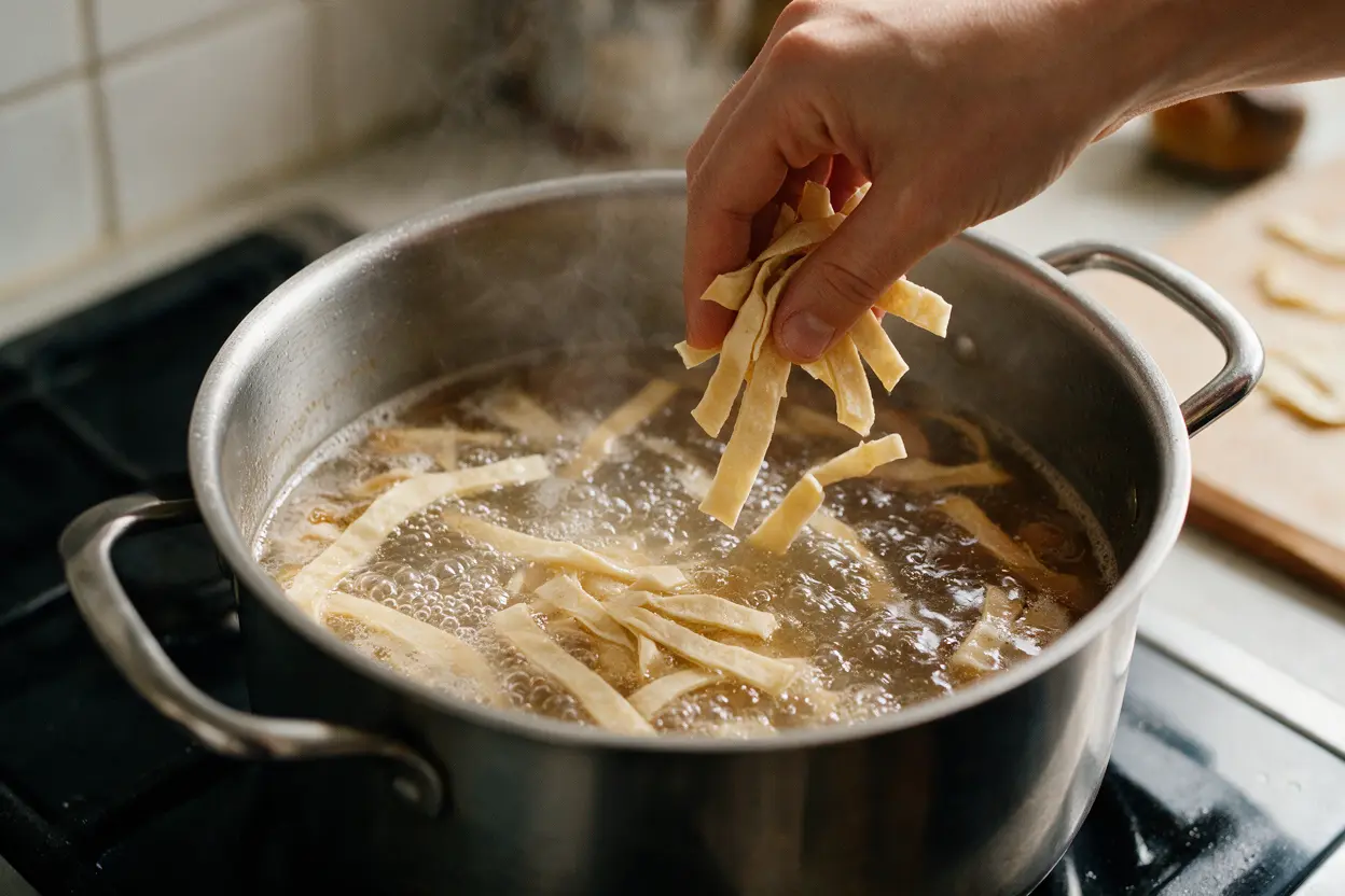 Dropping flat pastry strips into a pot of simmering chicken broth