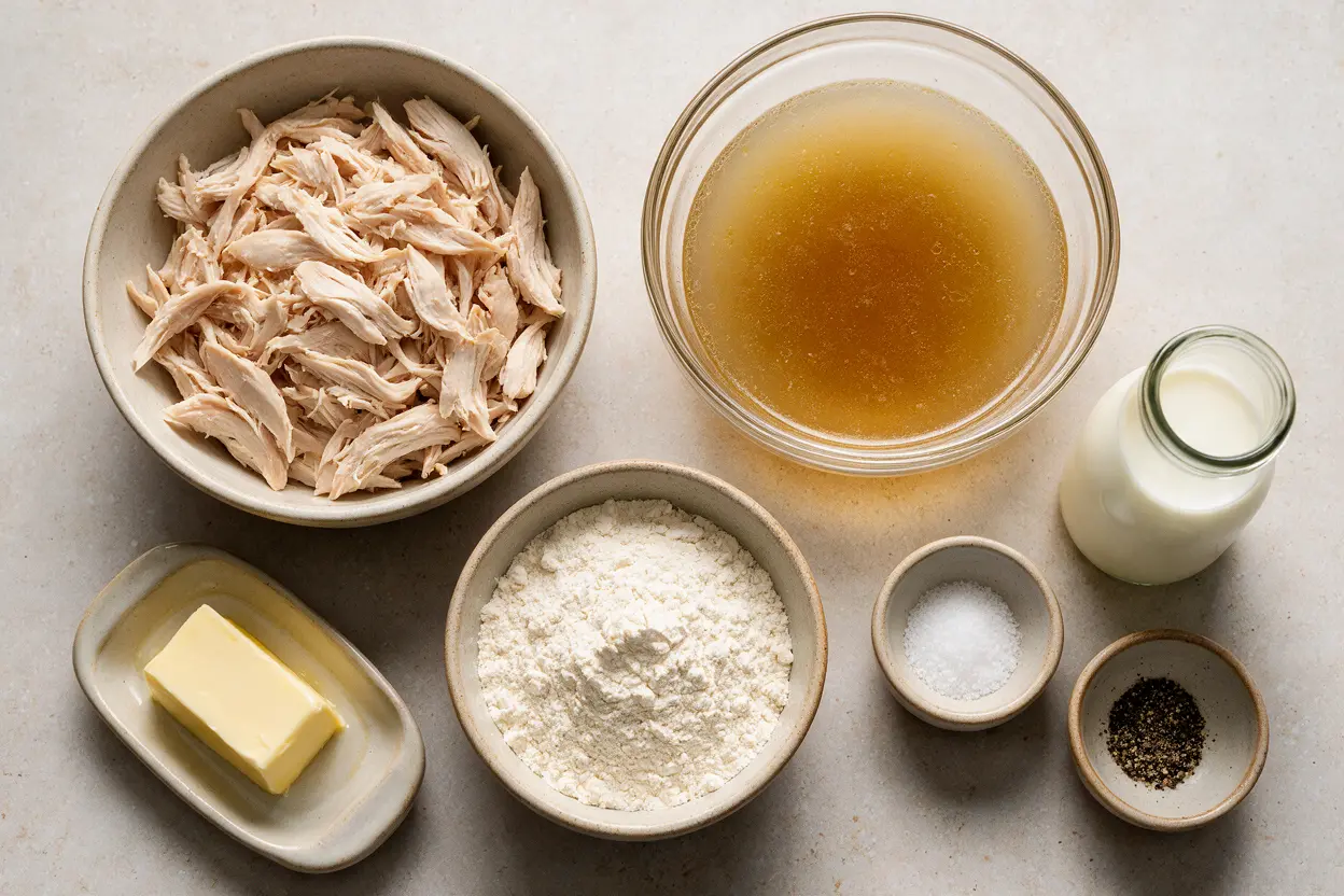 Chicken and pastry ingredients: shredded chicken, chicken broth, flour, butter, and milk