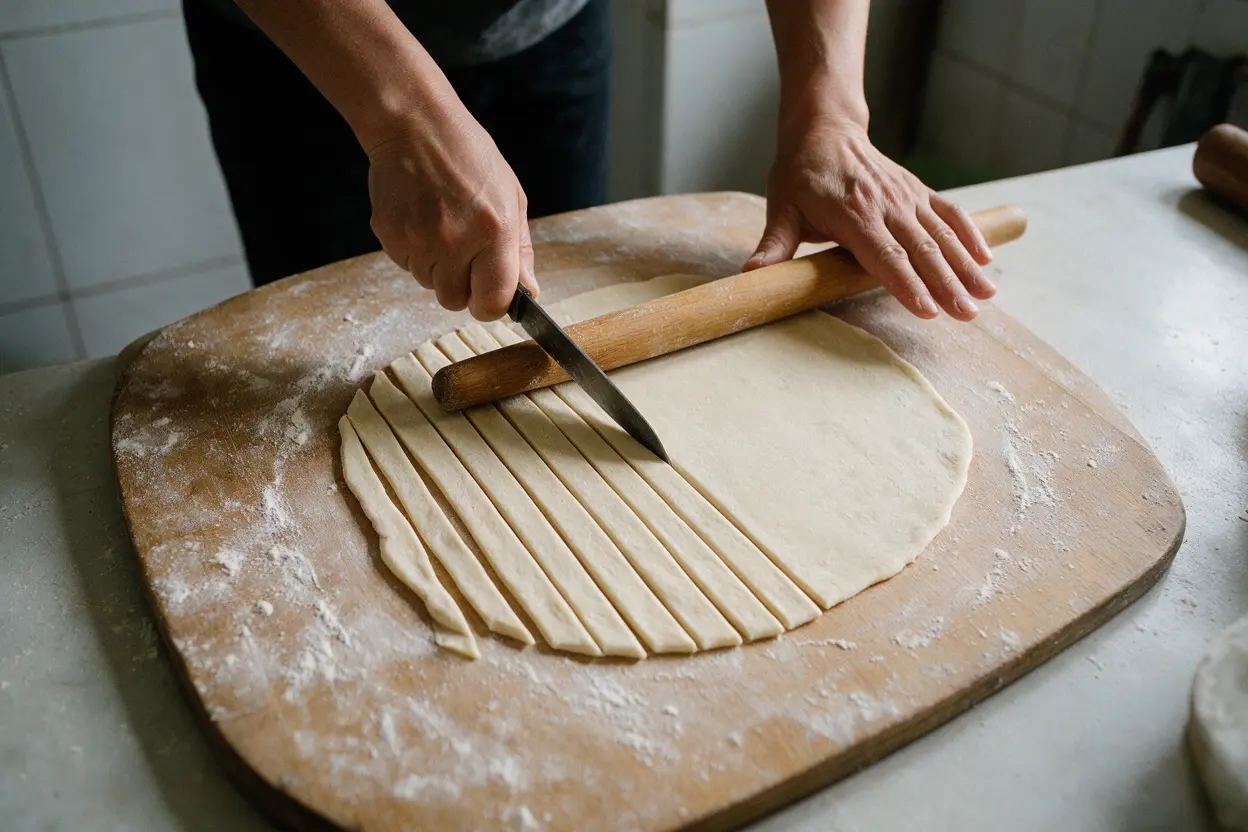 Rolling and cutting homemade flat pastry strips on a floured board