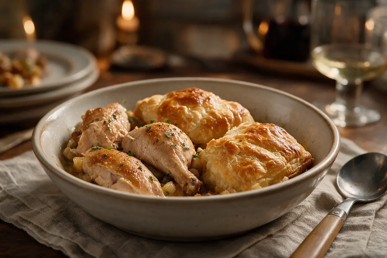 A served bowl of old-fashioned Southern chicken and pastry