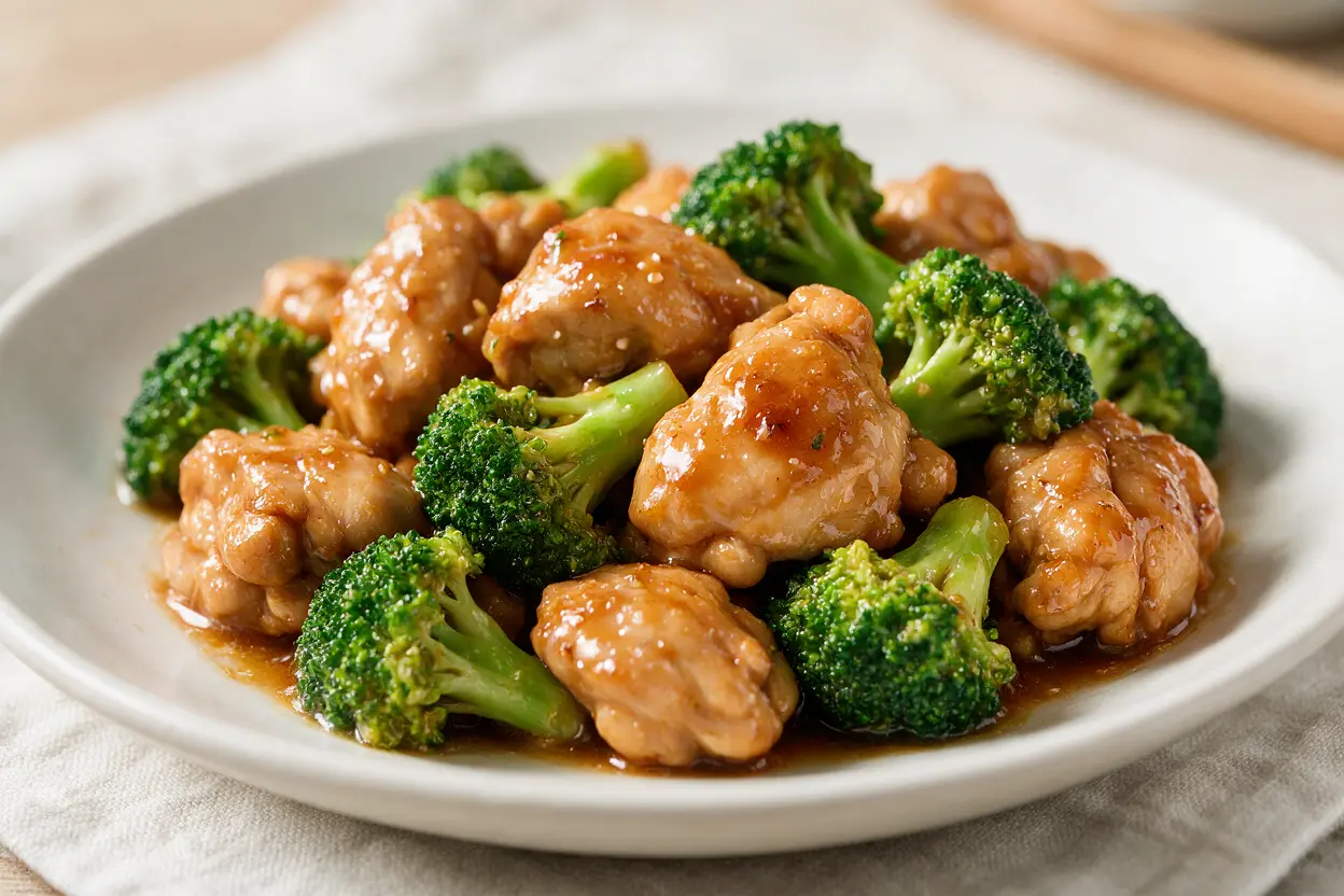 Close-up of chicken and bright green broccoli coated in a garlic parmesan sauce