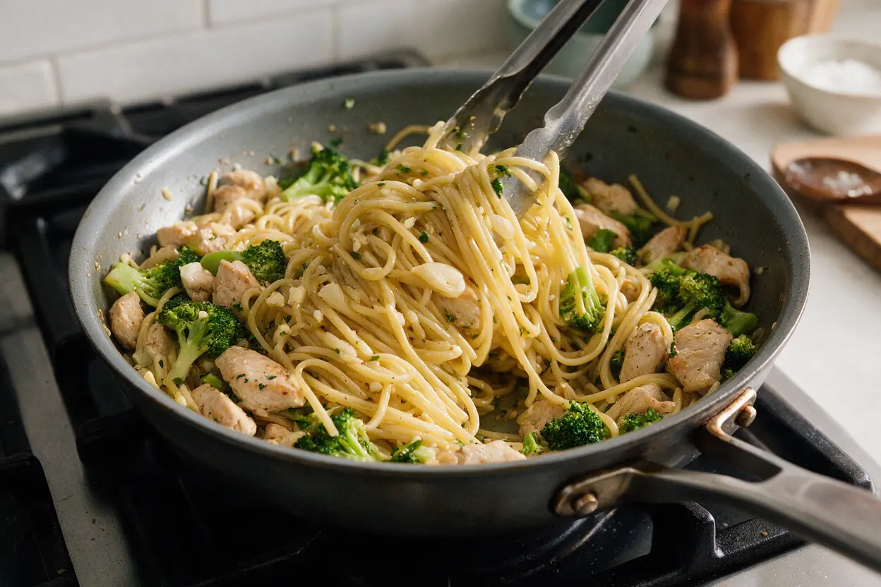 Chicken broccoli ziti being tossed in a skillet with garlic and oil