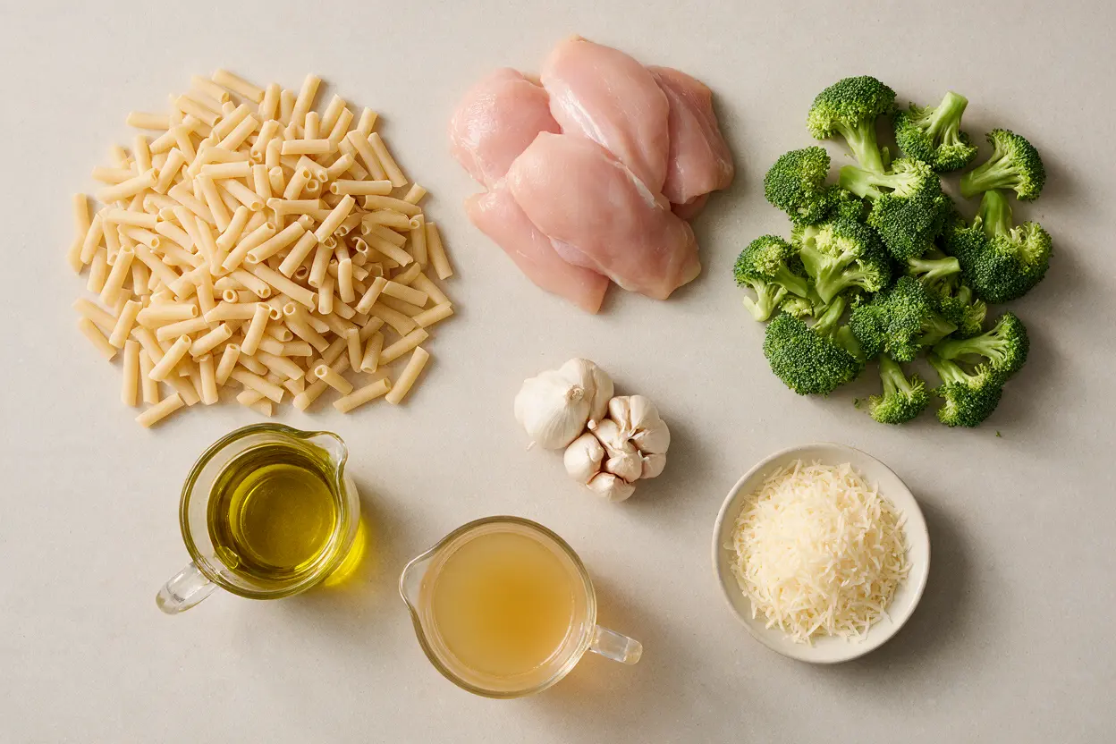 Chicken broccoli ziti ingredients: ziti, chicken, broccoli, olive oil, garlic, broth, and parmesan