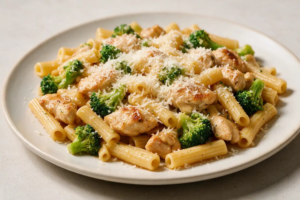 A served plate of chicken broccoli ziti with grated parmesan
