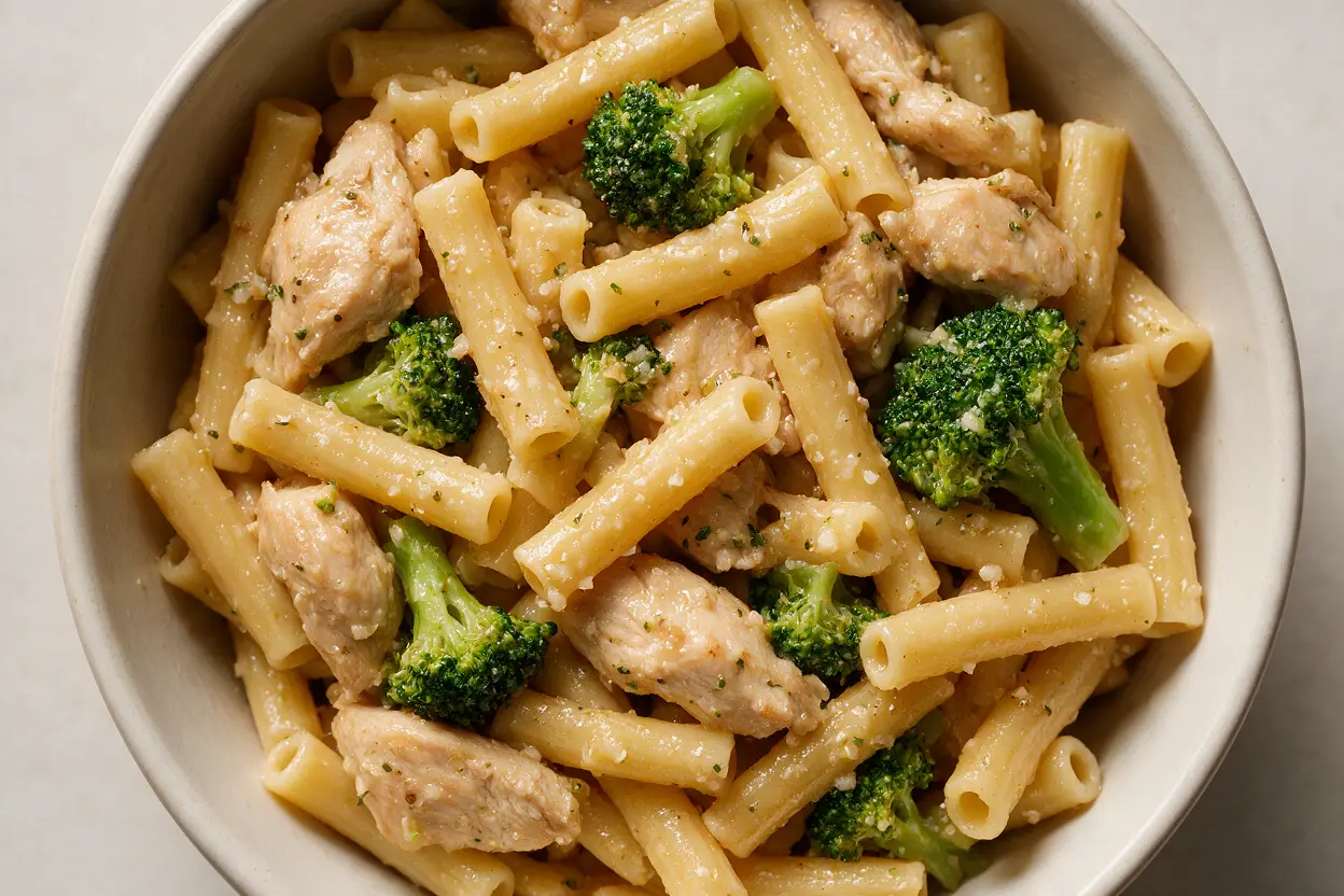 Bowl of chicken broccoli ziti with chicken, broccoli, and parmesan in a garlic sauce
