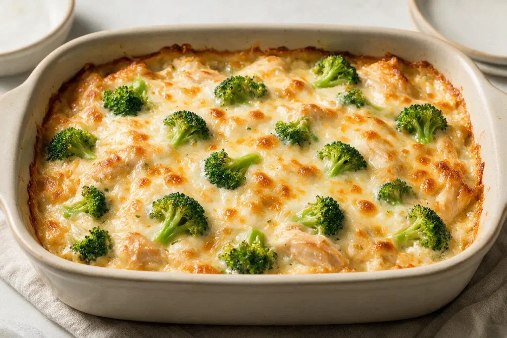 Golden baked chicken divan casserole with broccoli and melted cheddar cheese