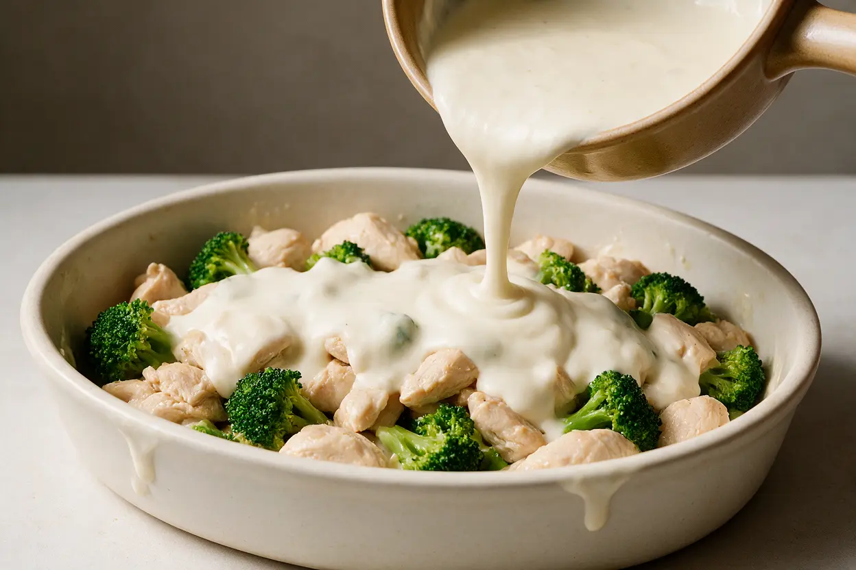 Assembling chicken divan by layering chicken and broccoli with creamy curry sauce