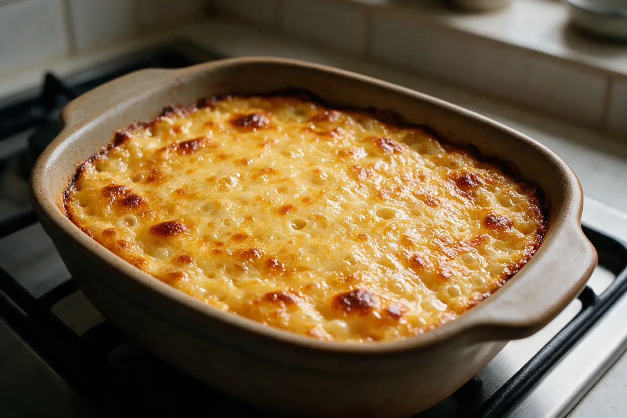 Golden baked chicken divan casserole fresh out of the oven