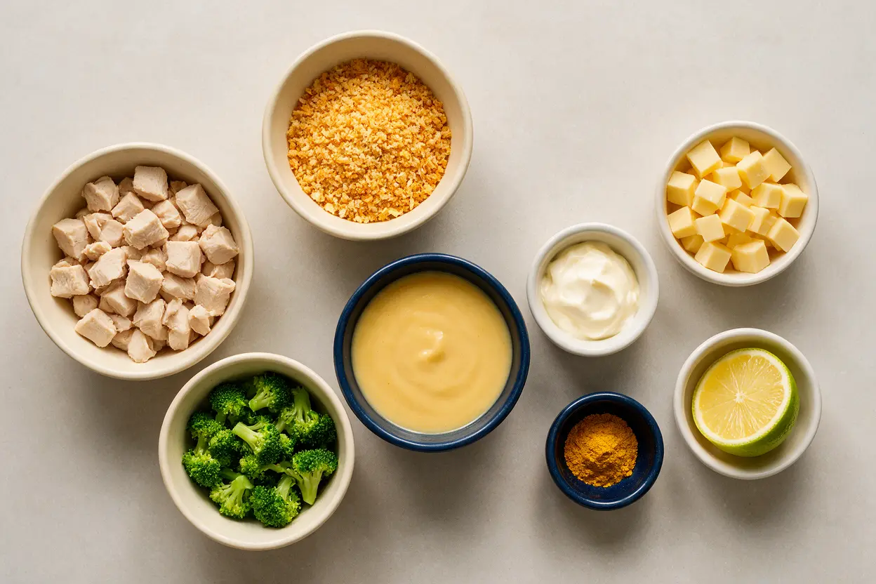 Chicken divan ingredients: cooked chicken, broccoli, cream of chicken soup, mayo, curry powder, cheddar, and breadcrumbs