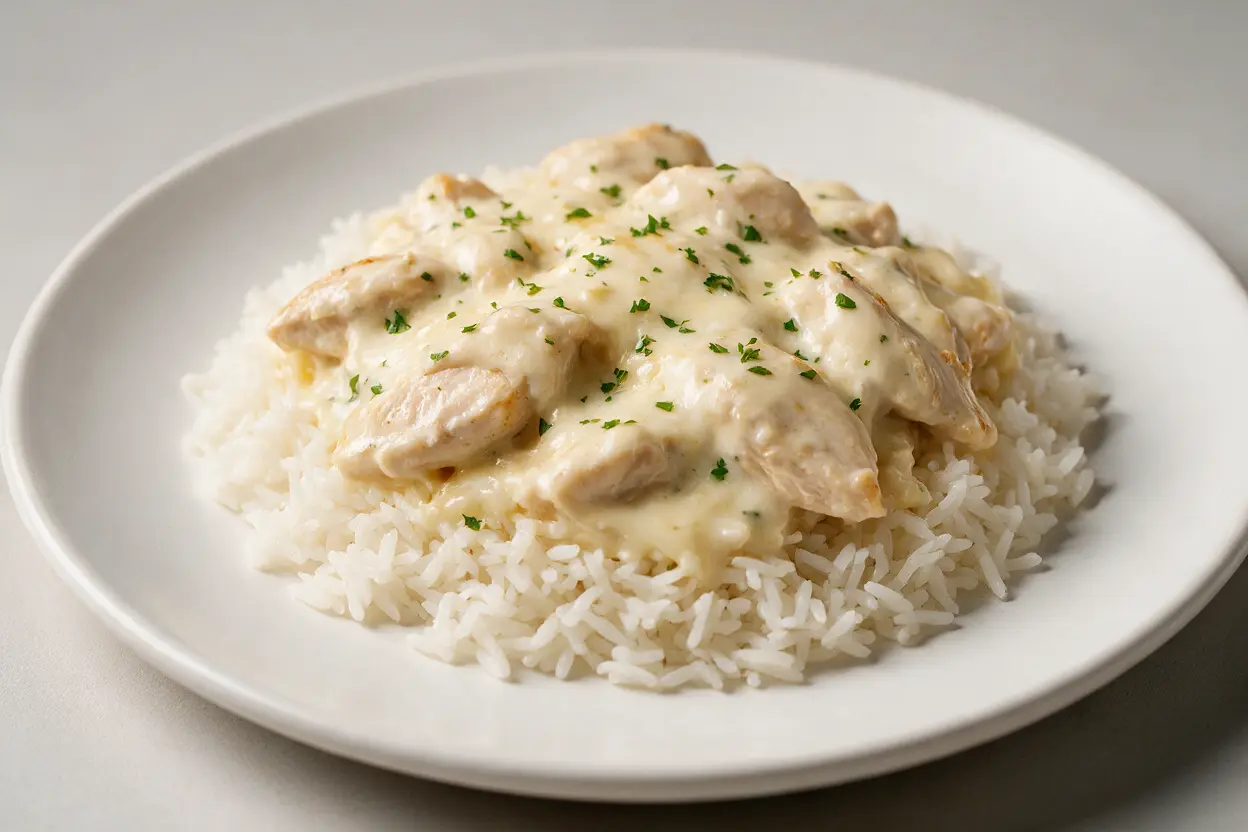 A plated serving of creamy chicken divan over rice