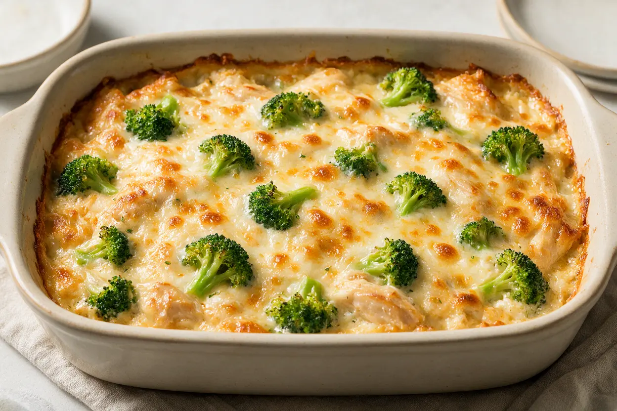 Golden baked chicken divan casserole with broccoli and melted cheddar cheese