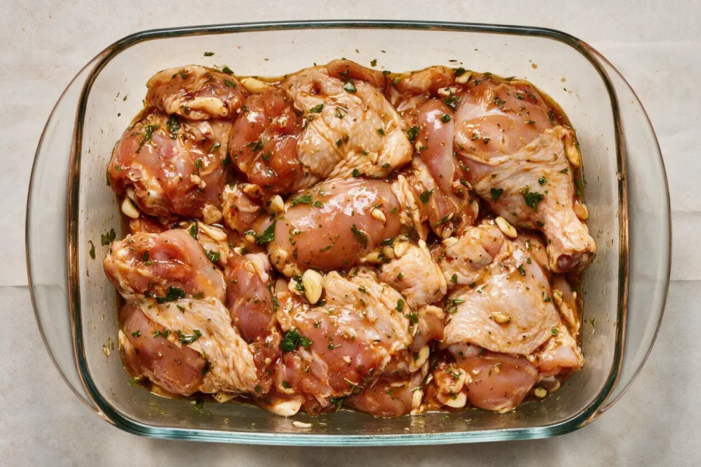 Raw chicken pieces in a glossy chicken marinade with herbs and garlic