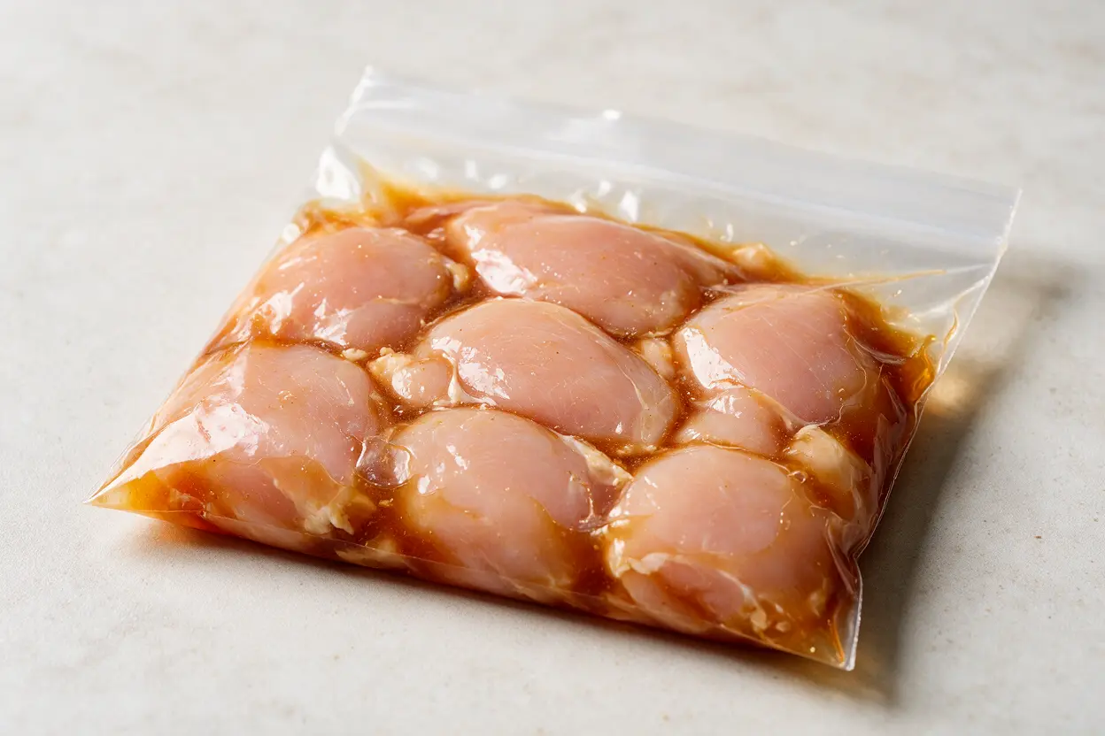 Chicken marinating in a zip-top bag with marinade