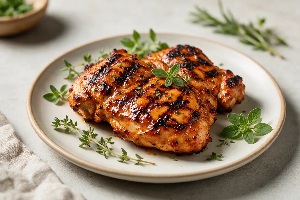 Juicy grilled marinated chicken on a plate with herbs