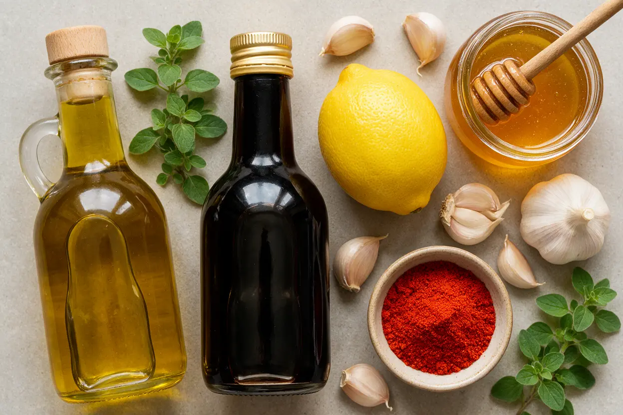 Chicken marinade ingredients: olive oil, soy sauce, lemon, honey, garlic, and herbs