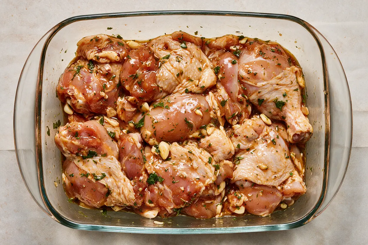 Raw chicken pieces in a glossy chicken marinade with herbs and garlic