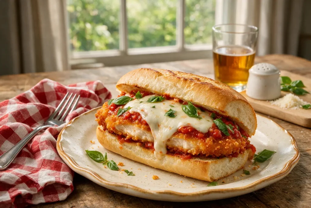 Chicken parmesan sandwich on a toasted roll