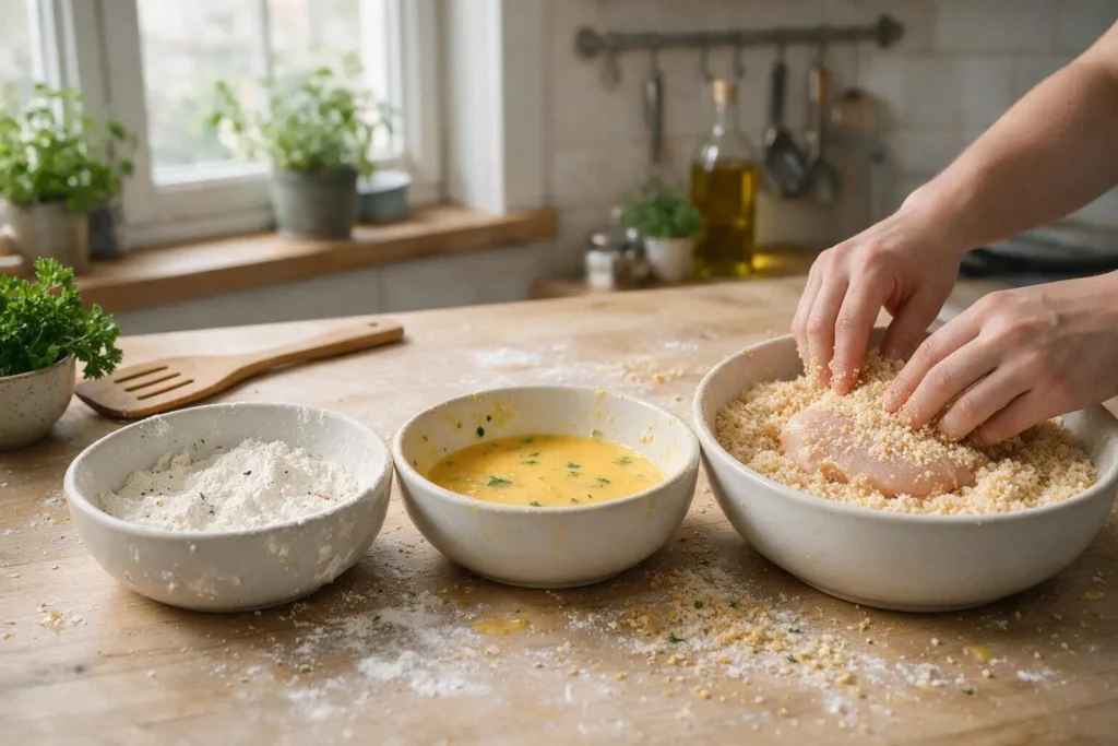 Chicken cutlet being breaded for a chicken parmesan sandwich