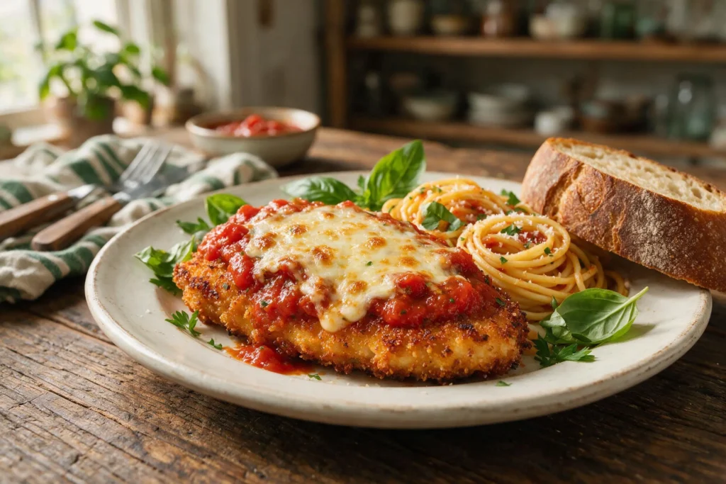 Breaded chicken cutlet topped with marinara and melting mozzarella