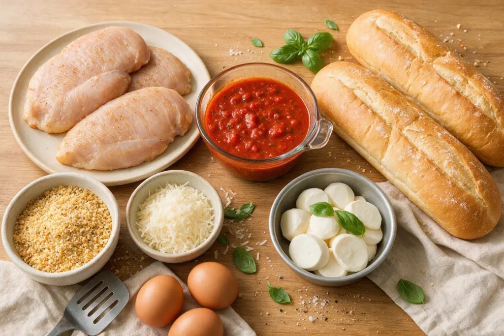 Ingredients for chicken parmesan sandwich including chicken cutlets, breadcrumbs, parmesan, marinara, mozzarella, and rolls